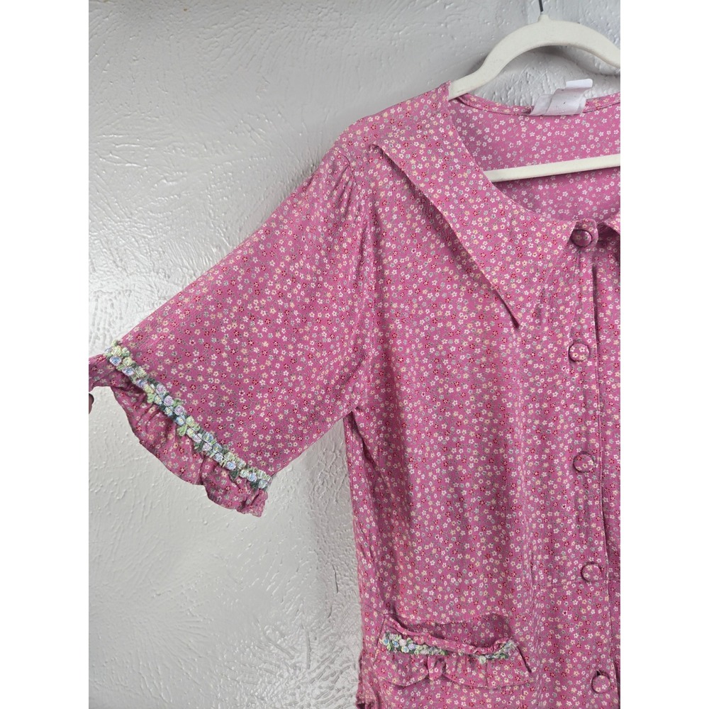 VTG Cottagecore Ditsy Floral Button Up Blouse Top L Pink Peterpan Collar Shirt - Picture 9 of 11
